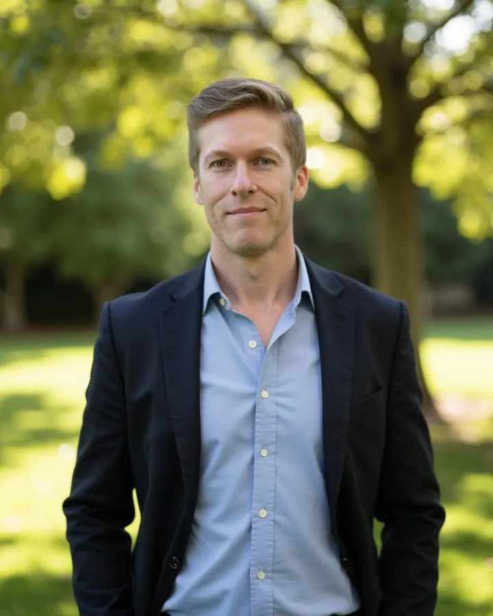 Ashley Kelso, standing outdoors under trees in a dark blazer and light blue shirt